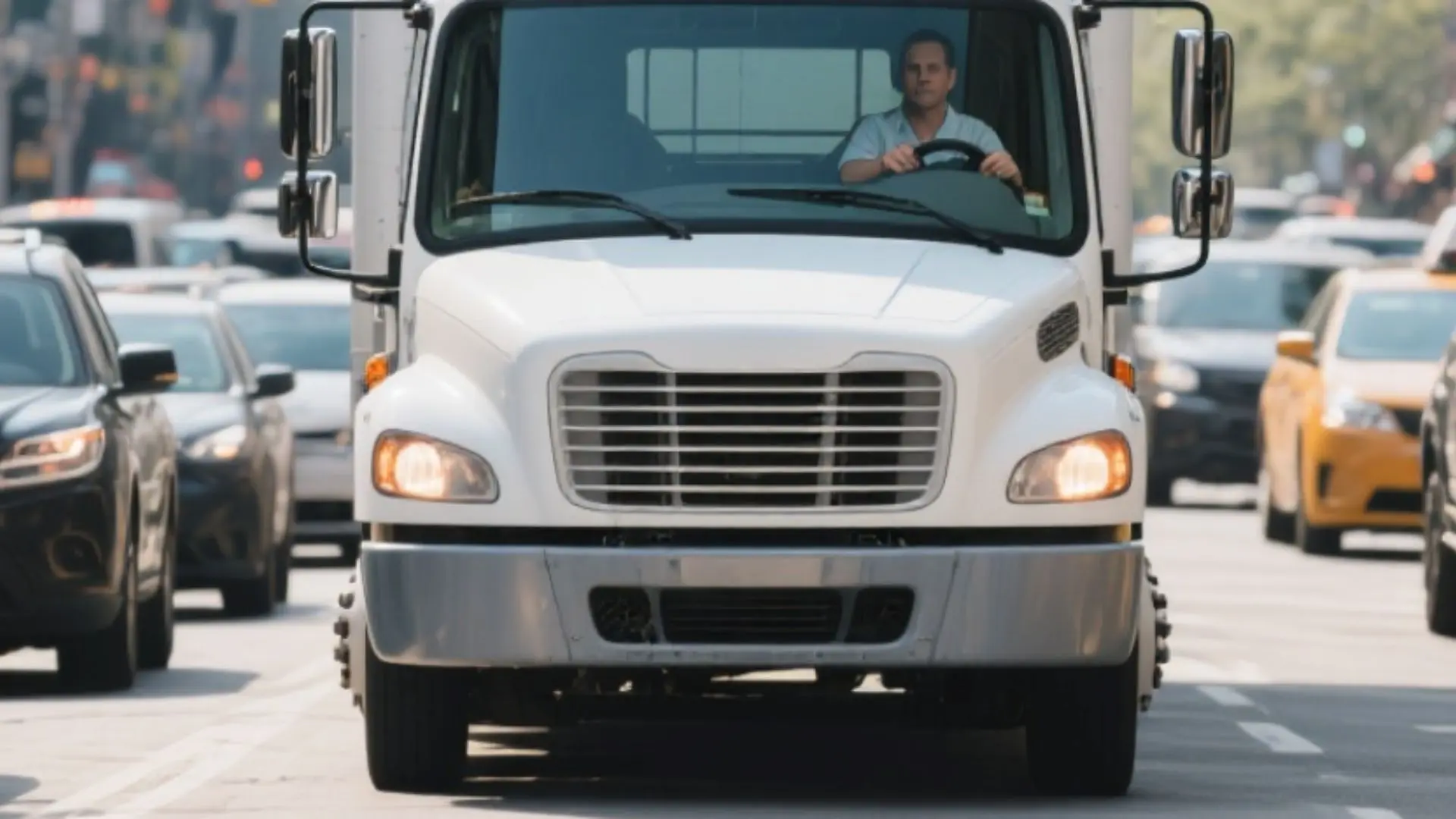 Tractocamión avanza lentamente en tráfico pesado, con el conductor atento y luces intermitentes encendidas, ejemplificando la conducción defensiva y la gestión de la fatiga.